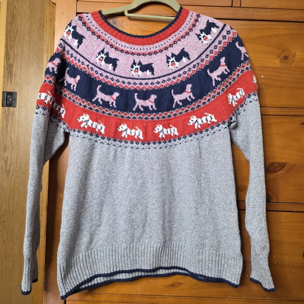 Holiday Times Sweater Size Medium Metallic Gray Dog Theme Fair Isle Christmas